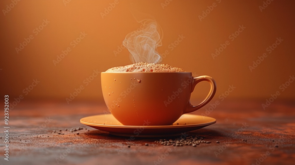 Obraz premium Illustration of a 3D render of one simple coffee cup steaming against a warm brown background.