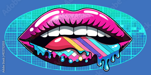 Halftone chrome lips set, vector y2k melt drip mouth, retro bitmap collage vintage print collection. Futuristic grain dot photocopy effect, glossy metal object, contemporary pop art. Halftone lips