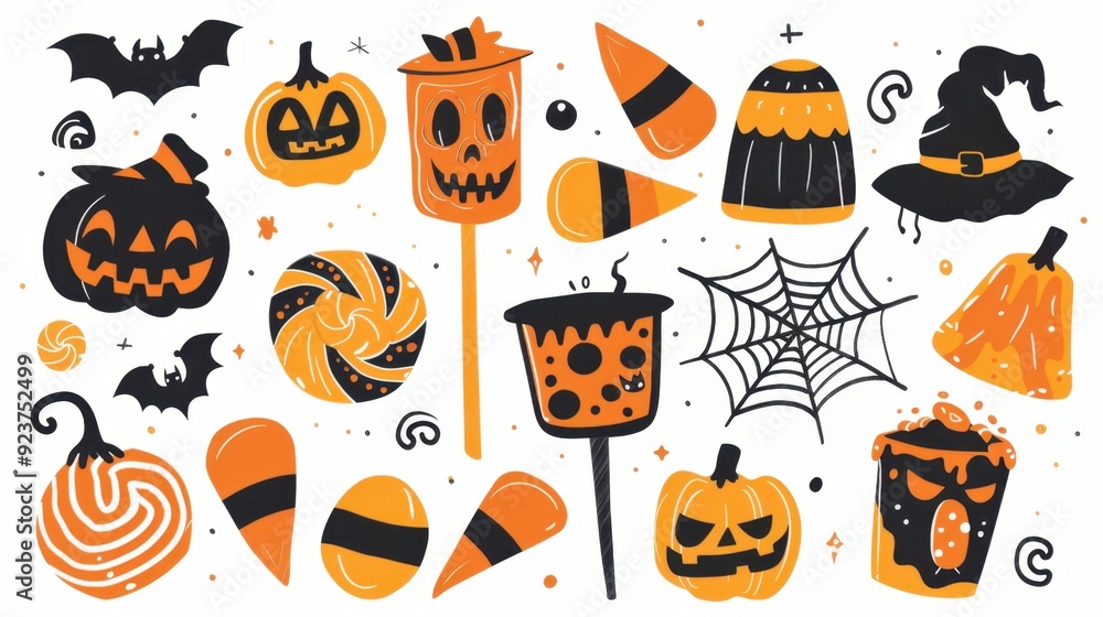 Pop color illustrations of spooky Halloween Candy in various activities ,with bold lines and simple design, placed on a white background Pop color illustrations of spooky Halloween Candy in various activities ,with bold lines and simple design, placed on a white background