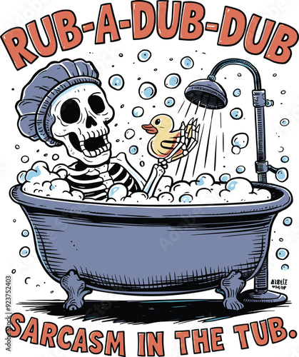 Skeleton in Bathtub with Rubber Duck – Rub-A-Dub-Dub, Sarcasm in the Tub Illustration