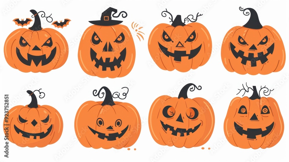 Pop color illustrations of spooky Halloween Pumpkin in various activities ,with bold lines and simple design, placed on a white background Pop color illustrations of spooky Halloween Pumpkin in various activities ,with bold lines and simple design, placed on a white background