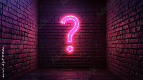 A neon question mark sign glowing brightly on a dark brick wall in a shadowy alley, creating a sense of mystery and intrigue in an urban setting. photo