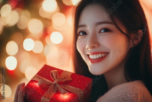 A smiling Korean woman presents an elegantly wrapped gift box adorned with a bow, radiating joy amidst a backdrop of warm holiday lights