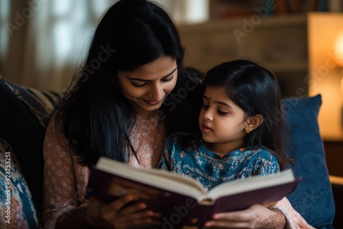 A mother engages her daughter in a story, fostering a nurturing bond while sharing a moment of joy on a comfortable sofa filled with warmth and love