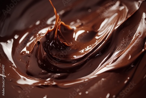 Smooth, glossy chocolate is being swirled in a bowl, creating rich textures and tones, perfect for dessert or sweet treats