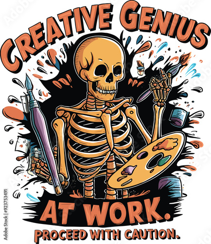 Skeleton Artist with Palette and Paintbrush – Creative Genius at Work Cartoon Illustration