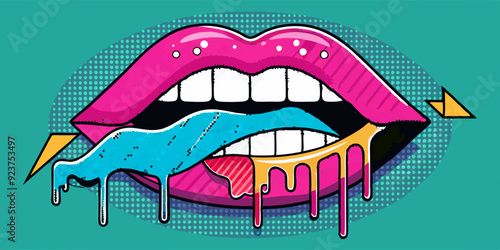 Halftone chrome lips set, vector y2k melt drip mouth, retro bitmap collage vintage print collection. Futuristic grain dot photocopy effect, glossy metal object, contemporary pop art. Halftone lips photo