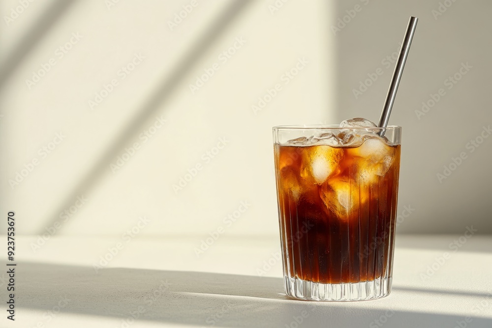 A clear glass filled with iced cold brew coffee glistens in the sunlight, showcasing the refreshing drink and its ice cubes A clear glass filled with iced cold brew coffee glistens in the sunlight, showcasing the refreshing drink and its ice cubes