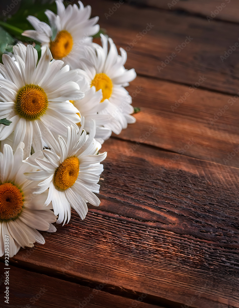 Obraz premium Daisies on a wood floor, space for copy