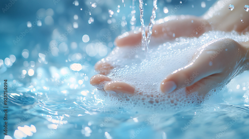 Fototapeta premium Clean Hands Concept: 3D Illustrated Hands Washing with Water and Soap in Spacious Environment for Graphic Integration.