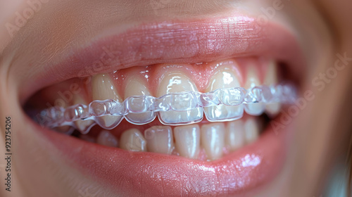 Close-up of a person's mouth with invisible braces. The braces are clear and barely visible, making them a discreet option for teeth straightening. 