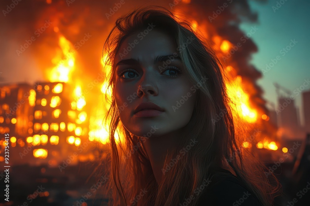 emotional portrait of a young woman witnessing a burning building illuminated by flames against a dark sky intense colors and dramatic lighting capture the shock and devastation of the moment emotional portrait of a young woman witnessing a burning building illuminated by flames against a dark sky intense colors and dramatic lighting capture the shock and devastation of the moment