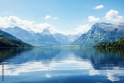 Klarer Bergsee mit Spiegelung unter blauem Himmel, lake with mountains in the background, 