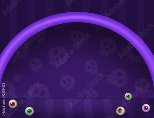 Halloween striped room skull textured wall background with purple arch and creepy eyes on the floor for design