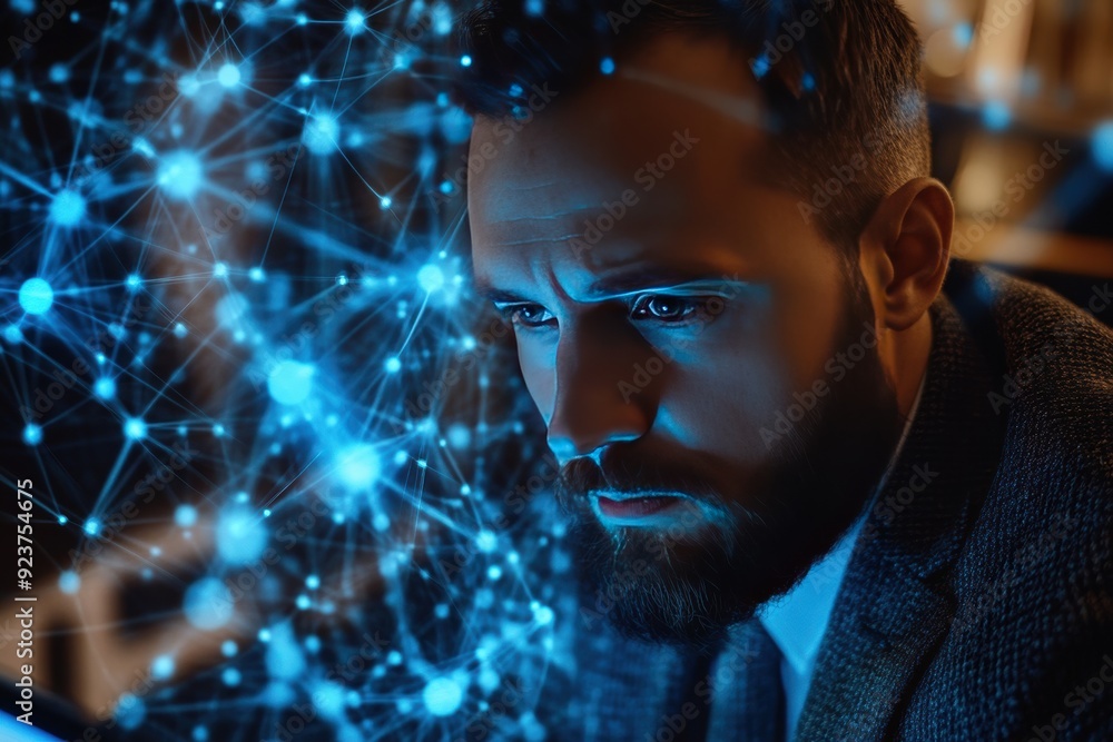 Smart businessman using a laptop for data analysis, enhanced by digital financial graphics and a modern technology setting. Smart businessman using a laptop for data analysis, enhanced by digital financial graphics and a modern technology setting.