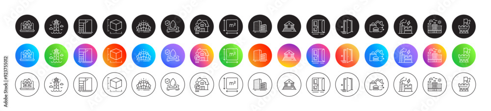 Delivery man, Open door and Arena stadium line icons. Round icon gradient buttons. Pack of Flood insurance, Lighthouse, Electricity factory icon. Realtor, Cupboard, Buildings pictogram. Vector Delivery man, Open door and Arena stadium line icons. Round icon gradient buttons. Pack of Flood insurance, Lighthouse, Electricity factory icon. Realtor, Cupboard, Buildings pictogram. Vector