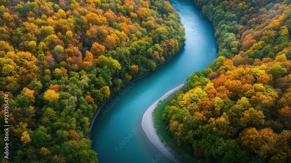 A drone shot of a winding river cutting through a dense forest, with autumn leaves creating a patchwork of colors. A drone shot of a winding river cutting through a dense forest, with autumn leaves creating a patchwork of colors.