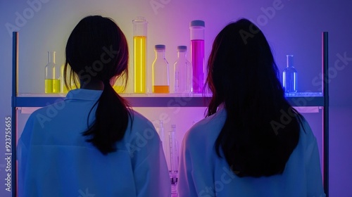 Two women in white lab coats facing colorful flasks on a shelf photo