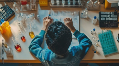 A Young Boy Studying Chemistry in a Laboratory photo