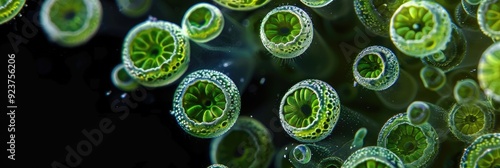 Spherical colonies of Volvox aureus, a green flagellate alga, demonstrating vegetative propagation and reproductive cells in a large round formation observed under darkfield microscopy.