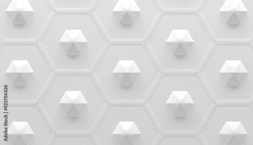 Futuristic White Hexagonal Tiled Background with Raised, Faceted Geometric Shapes (3D Illustration) Futuristic White Hexagonal Tiled Background with Raised, Faceted Geometric Shapes (3D Illustration)