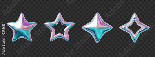 Chrome 3d star holographic collection. Metal realistic shape 3d chrome vector for modern futuristic design aesthetics.