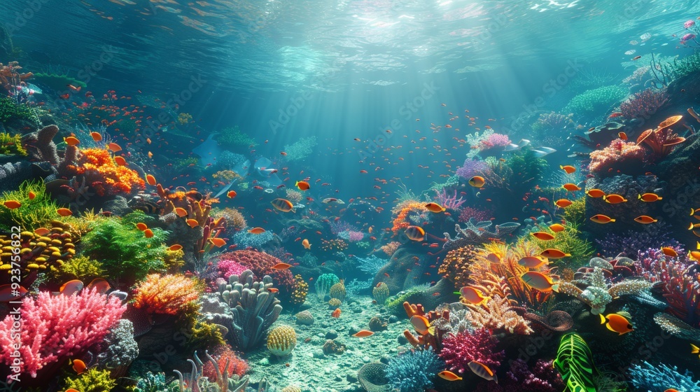 3D render of an underwater coral reef teeming with colorful fish, sea turtles, and vibrant corals, set against a deep blue ocean background 3D render of an underwater coral reef teeming with colorful fish, sea turtles, and vibrant corals, set against a deep blue ocean background