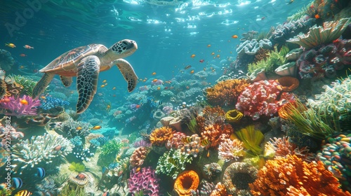 3D render of an underwater coral reef teeming with colorful fish, sea turtles, and vibrant corals, set against a deep blue ocean background 