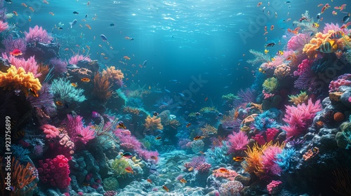 3D render of an underwater coral reef teeming with colorful fish, sea turtles, and vibrant corals, set against a deep blue ocean background