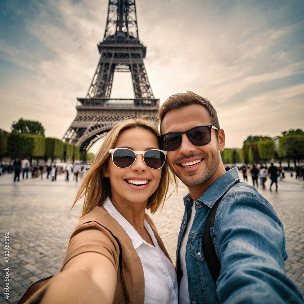 Happy couple taking selfie photo with eiffel tower in paris Happy couple taking selfie photo with eiffel tower in paris