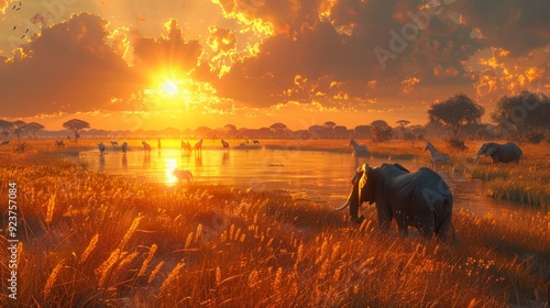 Peaceful 3D scene of an African savanna at sunset, with elephants, giraffes, and zebras grazing under a golden sky 