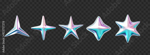Chrome star y2k shapes collection. Holographic realistic y2k star vector for modern futuristic design aesthetics.