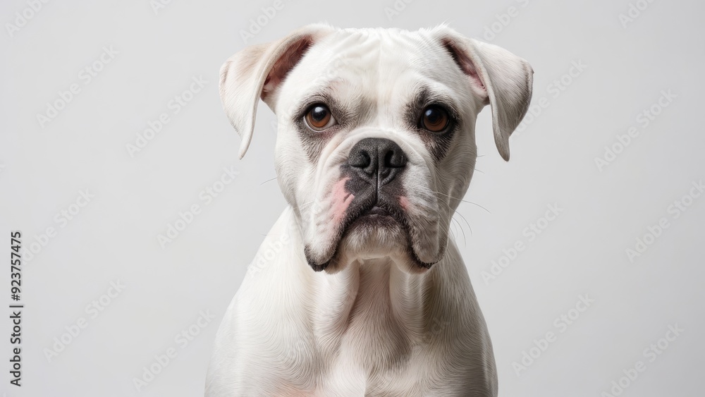 White boxer dog on grey background White boxer dog on grey background