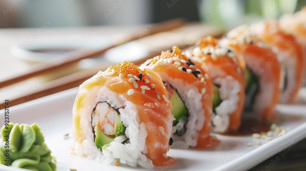 Assorted sushi on white plate with chopsticks, wasabi, ginger, soy sauce. Traditional Japanese cuisine concept for menu or blog. Assorted sushi on white plate with chopsticks, wasabi, ginger, soy sauce. Traditional Japanese cuisine concept for menu or blog.