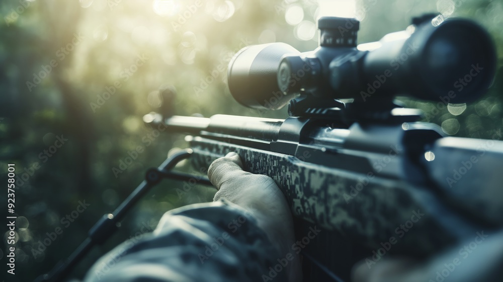 Experienced hunter aiming a rifle with precision at an unseen deer in the lush green forest, wearing effective camouflage gear Experienced hunter aiming a rifle with precision at an unseen deer in the lush green forest, wearing effective camouflage gear