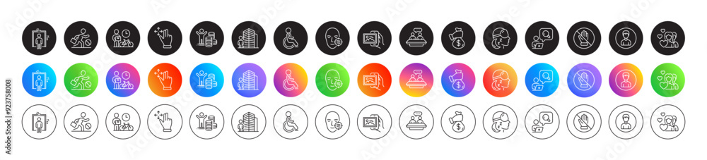 Corrupt, Bribe and Person line icons. Round icon gradient buttons. Pack of Insomnia, Couple, Image album icon. Move gesture, Agent, Budget profit pictogram. Elevator, Problem skin, Disability. Vector Corrupt, Bribe and Person line icons. Round icon gradient buttons. Pack of Insomnia, Couple, Image album icon. Move gesture, Agent, Budget profit pictogram. Elevator, Problem skin, Disability. Vector