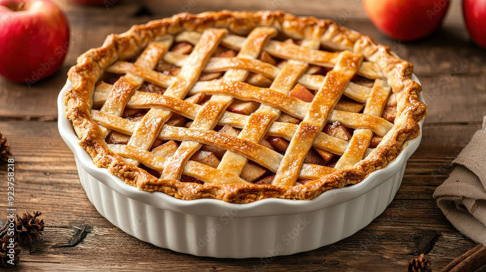 A delicious homemade apple pie with a golden brown lattice crust sits on a rustic wooden table top, surrounded by fresh apples, evoking feelings of home and comfort. A delicious homemade apple pie with a golden brown lattice crust sits on a rustic wooden table top, surrounded by fresh apples, evoking feelings of home and comfort.