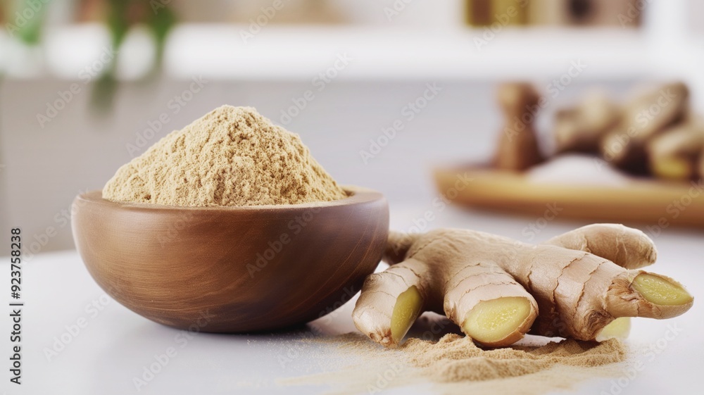 Fototapeta premium Close-up of a wooden bowl with fine ginger powder and fresh raw ginger root on a clean white table for culinary and home remedy preparations