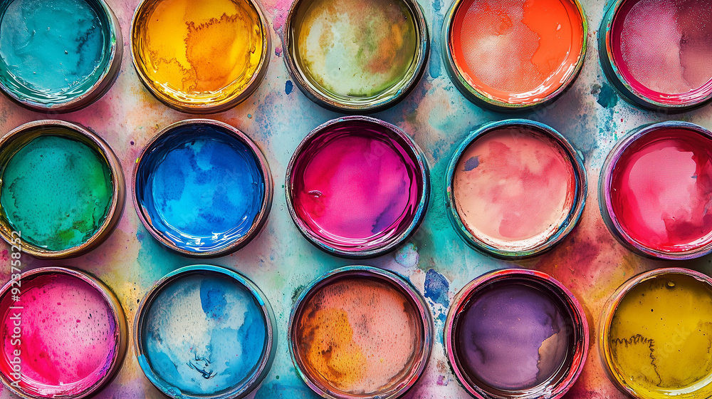 Vibrant watercolor paint pots arranged on a palette, showcasing an array of rich and varied colors with detailed textures of wet pigments. This close-up shot captures the harmony and creativity in an Vibrant watercolor paint pots arranged on a palette, showcasing an array of rich and varied colors with detailed textures of wet pigments. This close-up shot captures the harmony and creativity in an