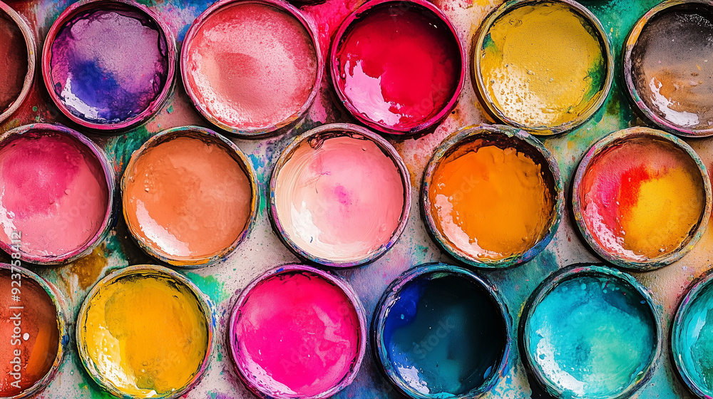 Vibrant watercolor paint pots arranged on a palette, showcasing an array of rich and varied colors with detailed textures of wet pigments. This close-up shot captures the harmony and creativity in an Vibrant watercolor paint pots arranged on a palette, showcasing an array of rich and varied colors with detailed textures of wet pigments. This close-up shot captures the harmony and creativity in an