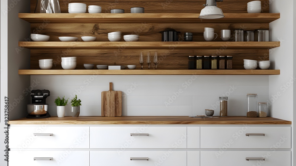 Modern Kitchen Interior Design With White Cabinets and Wooden Shelves Modern Kitchen Interior Design With White Cabinets and Wooden Shelves