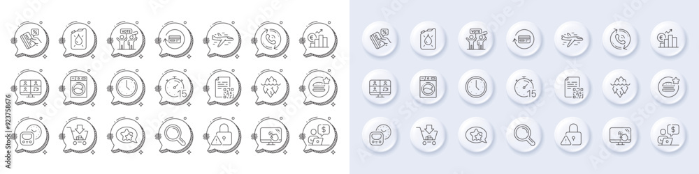 Canister, Best food and Business person line icons. White pin 3d buttons, chat bubbles icons. Pack of Airplane, Research, Touch screen icon. Timer, Shopping, Refund commission pictogram. Vector Canister, Best food and Business person line icons. White pin 3d buttons, chat bubbles icons. Pack of Airplane, Research, Touch screen icon. Timer, Shopping, Refund commission pictogram. Vector