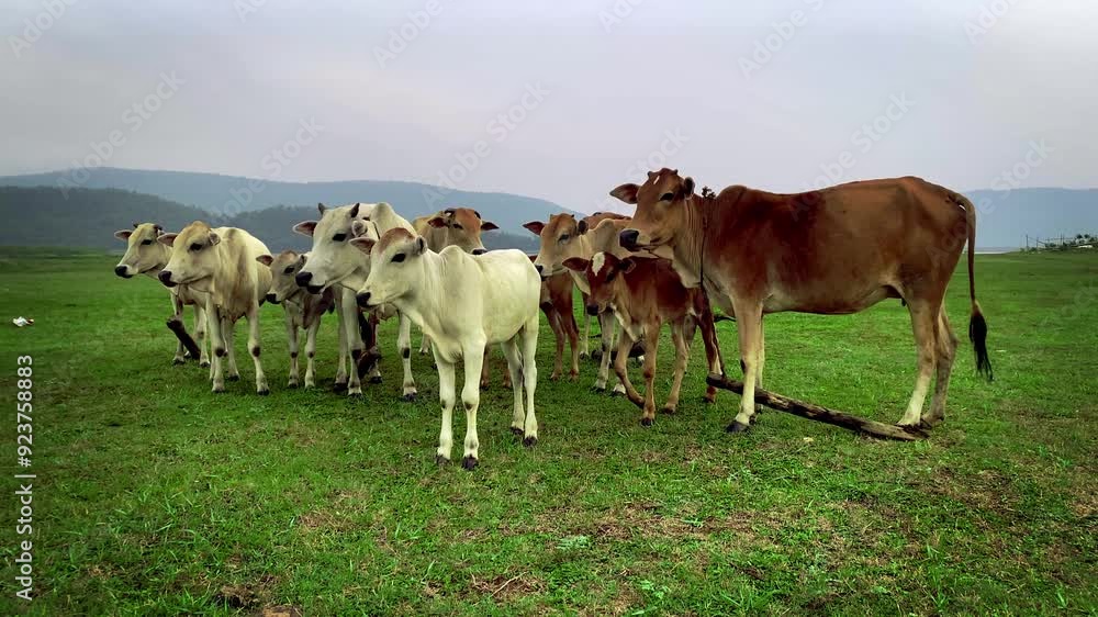 Cows grazing grass in the meadow Cows grazing grass in the meadow