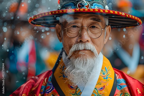 ortrait of an Elderly North Korean Man in Traditional Attire Celebrating a Festival Outdoors. Capturing the Wisdom and Dignity of Age Alongside the Joy of Cultural Heritage. A Reflection of North Kore photo