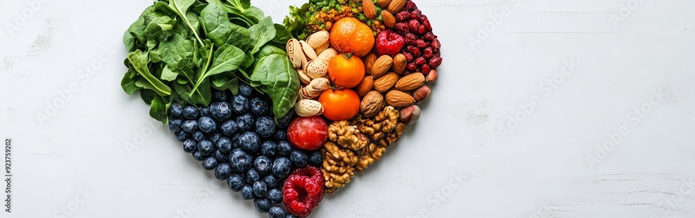 Heart-shaped arrangement of healthy foods, colorful fruits, and leafy greens Heart-shaped arrangement of healthy foods, colorful fruits, and leafy greens