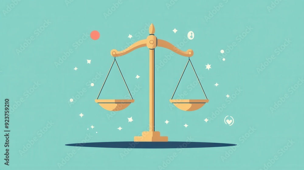 Minimalistic illustration of balance scales on a light blue background with floating abstract icons. Minimalistic illustration of balance scales on a light blue background with floating abstract icons.