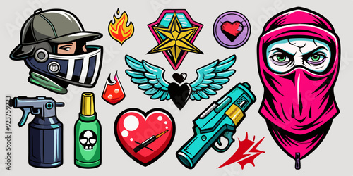 Street spray graffiti element set, grunge sticker kit balaclava, vector retro urban ghetto print. Gangster tattoo kit, underground can Greek sculpture head, heart, angel, blade, gun. Street graffiti