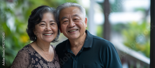 Portrait happy Asian couple smiling at the camera. asian senior couple. Happy elderly couple with lifestyle after retiree concept.