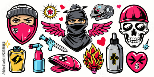 Street spray graffiti element set, grunge sticker kit balaclava, vector retro urban ghetto print. Gangster tattoo kit, underground can Greek sculpture head, heart, angel, blade, gun. Street graffiti