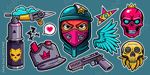 Street spray graffiti element set, grunge sticker kit balaclava, vector retro urban ghetto print. Gangster tattoo kit, underground can Greek sculpture head, heart, angel, blade, gun. Street graffiti